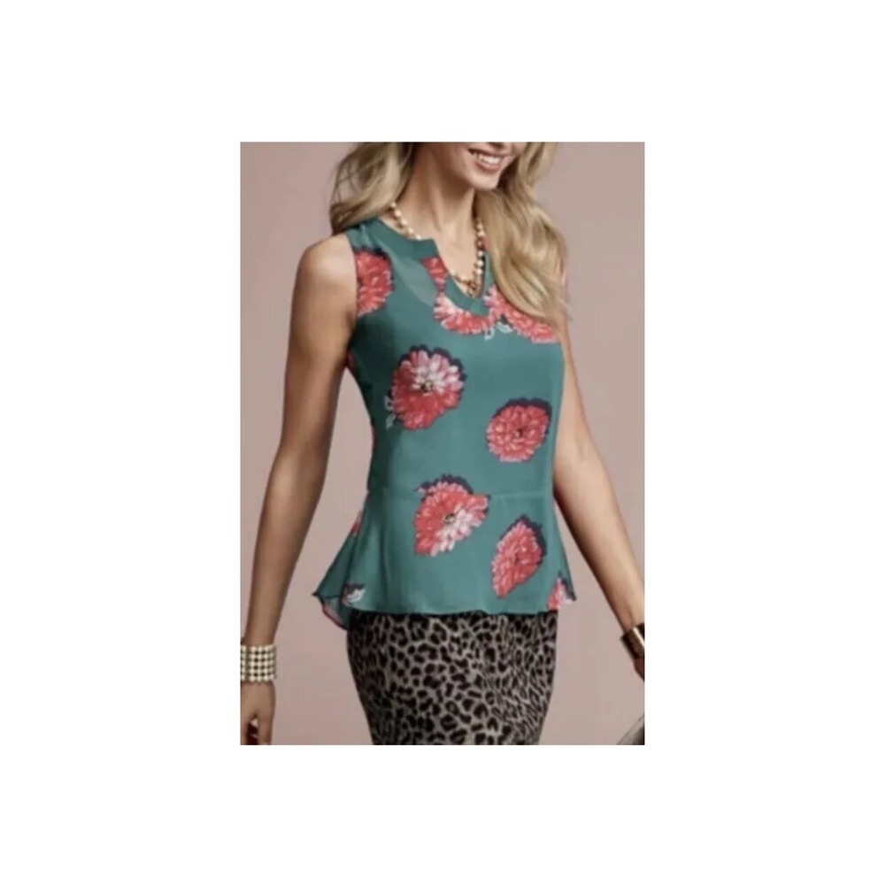NWT Cabi 3445 Blushing Blouse Sleeveless Floral Peplum Top Teal Green Small